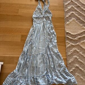 Blue Gingham Halter Maxi Dress